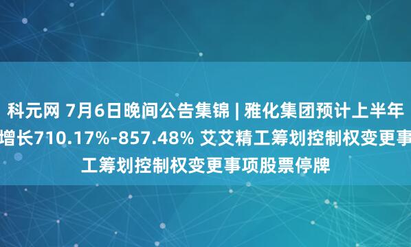 科元网 7月6日晚间公告集锦 | 雅化集团预计上半年净利润同比增长710.17%-857.48% 艾艾精工筹划控制权变更事项股票停牌